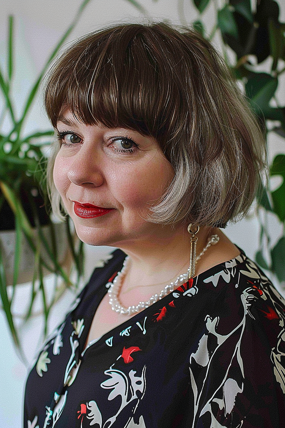 A woman with a soft bob and bangs, highlighted with warm brown and ash blonde, suited for round faces