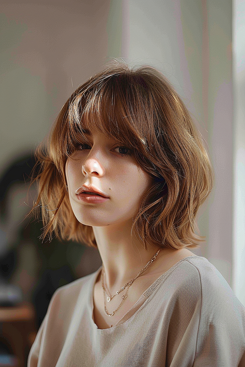 Young woman with a soft bob and long, wispy bangs in a light brown shade