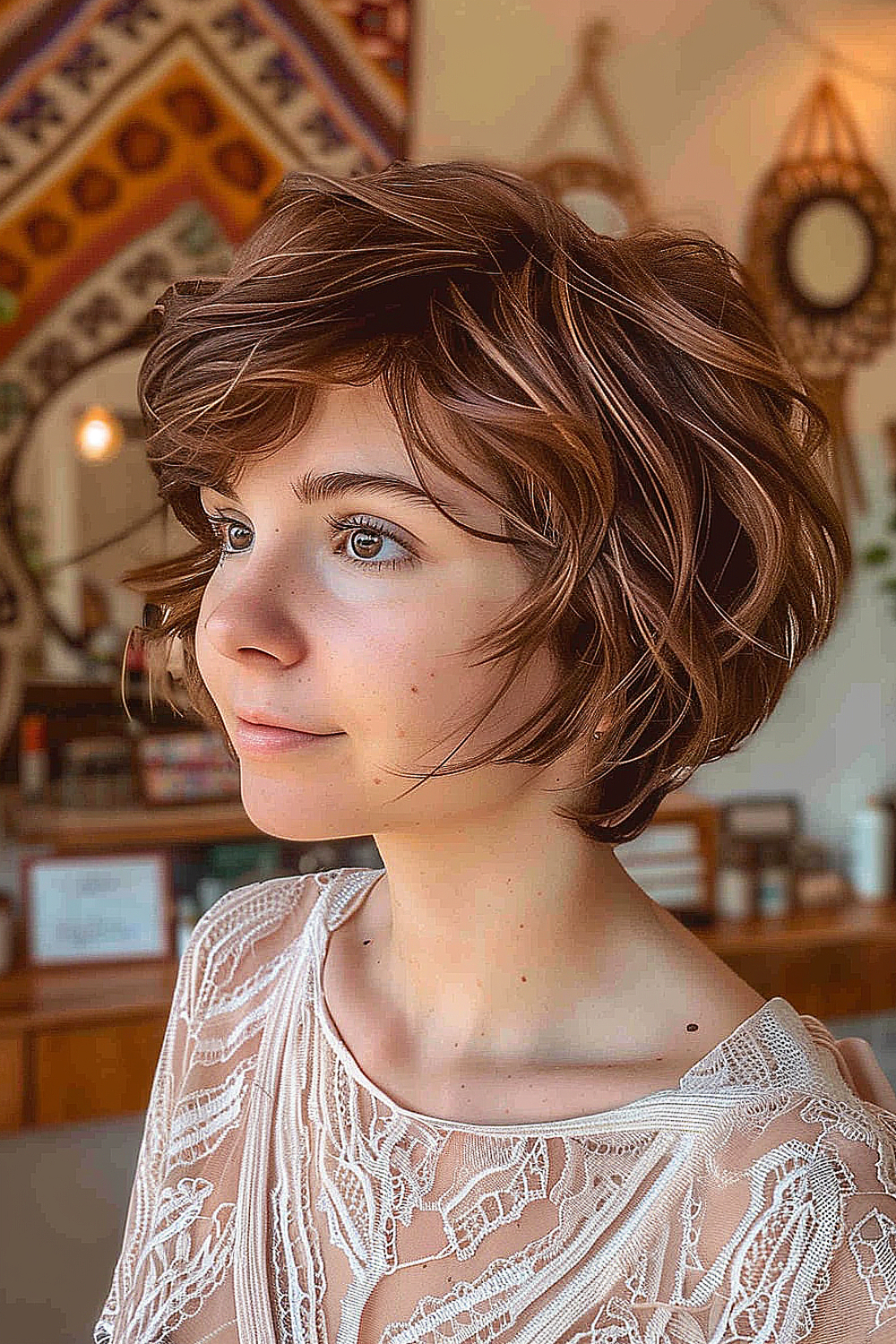 Woman with a soft caramel bixie haircut and subtle waves