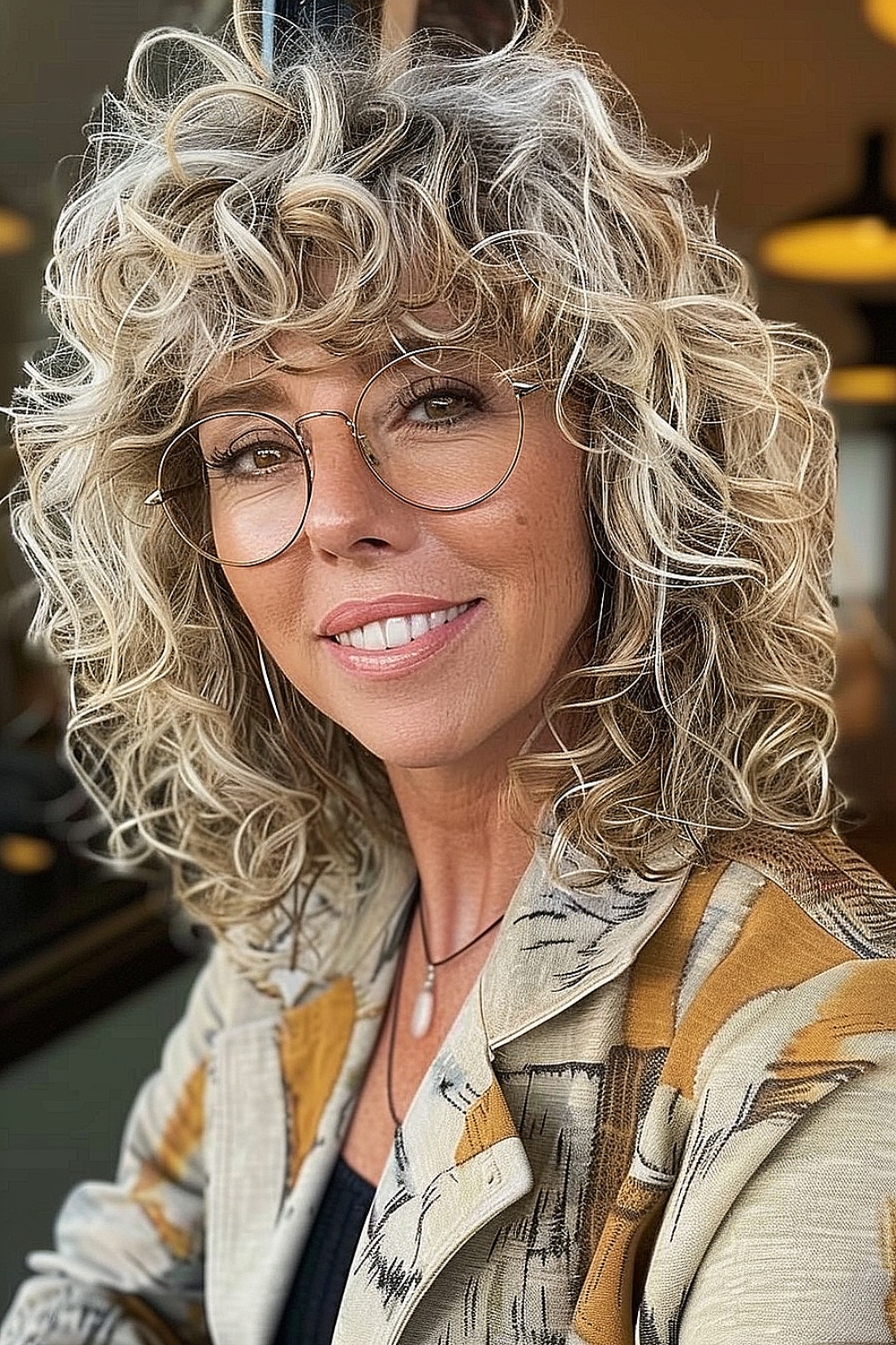 Soft curly shag haircut with layers and bangs for women over 50