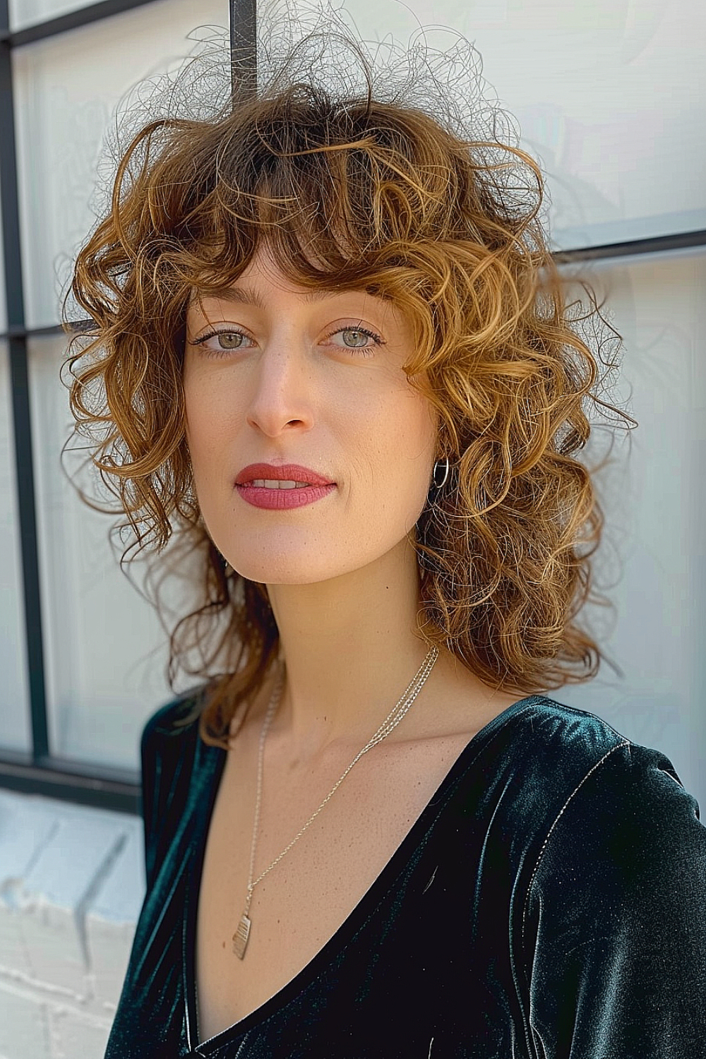 Curly brown shag haircut with eyebrow-grazing bangs and layered curls