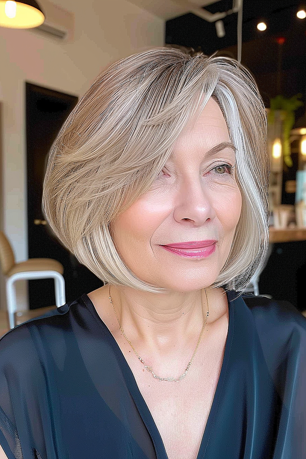 A woman with a soft layered bob haircut, featuring ash blonde tones and subtle highlights