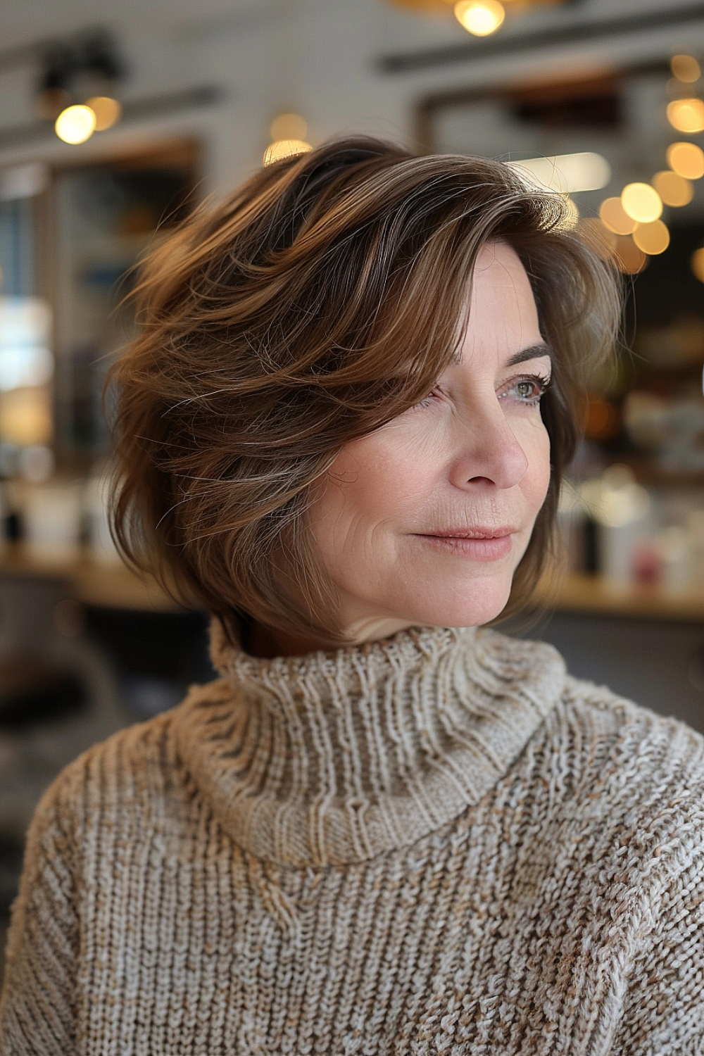 Woman with a dynamic layered bob featuring caramel highlights