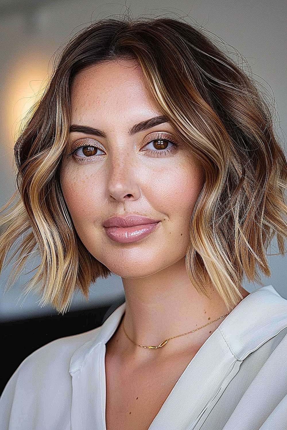 Woman with a soft layered bob and face-framing highlights