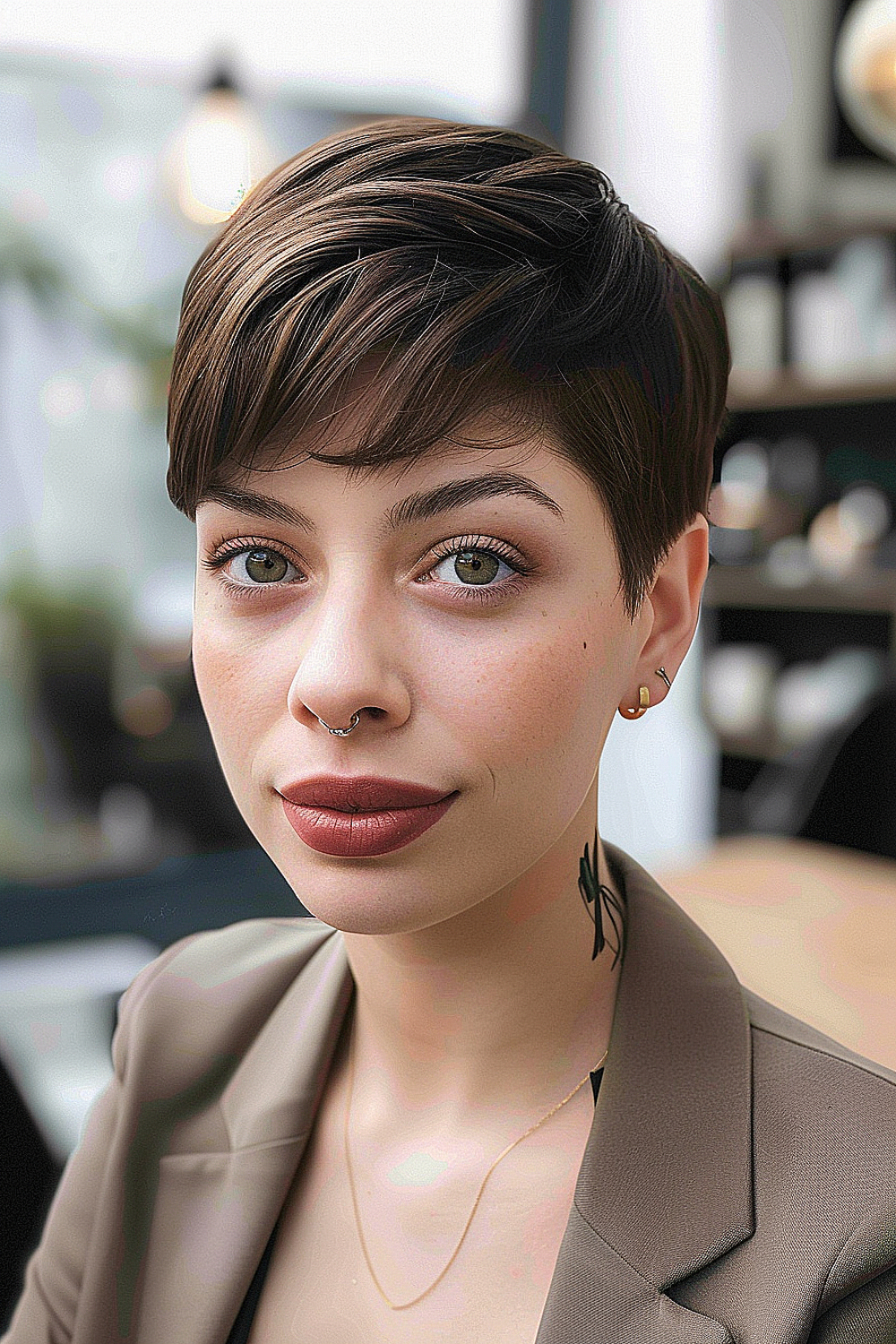 Soft layered crop hairstyle with a deep side parting on a young woman.