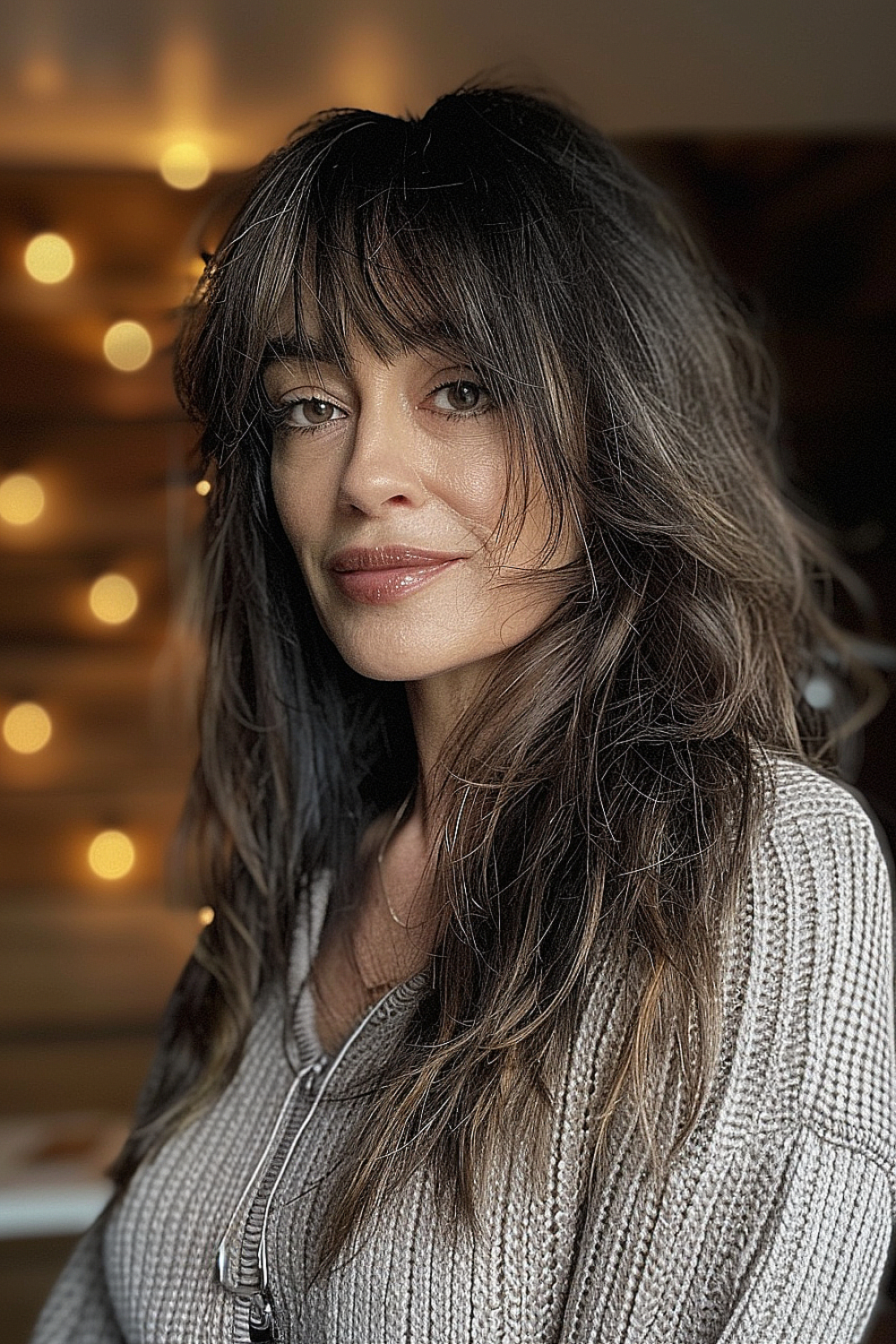 Woman with a soft layered haircut and wispy bangs, highlighting natural texture and movement