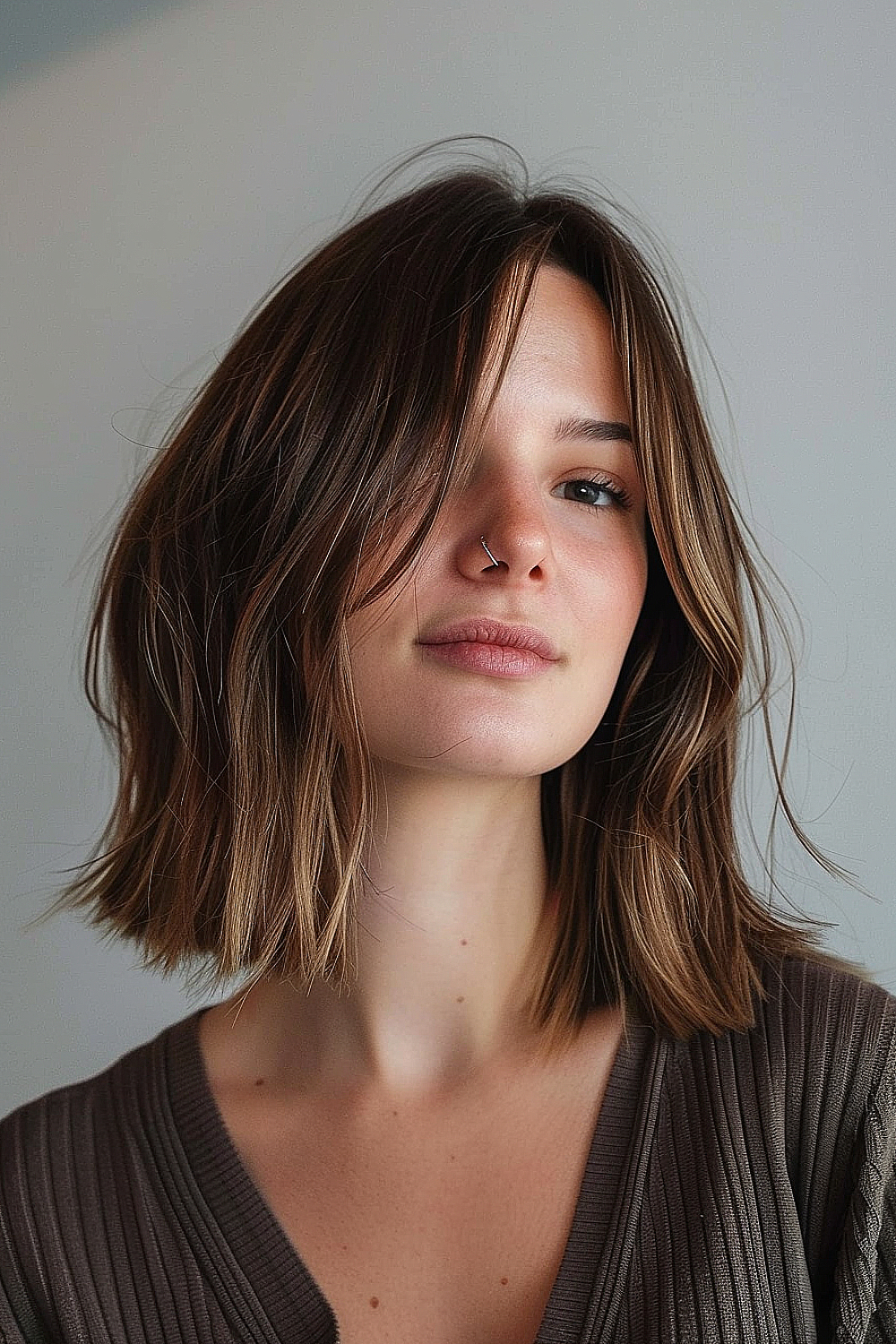 Woman with a soft layered lob haircut and curtain bangs