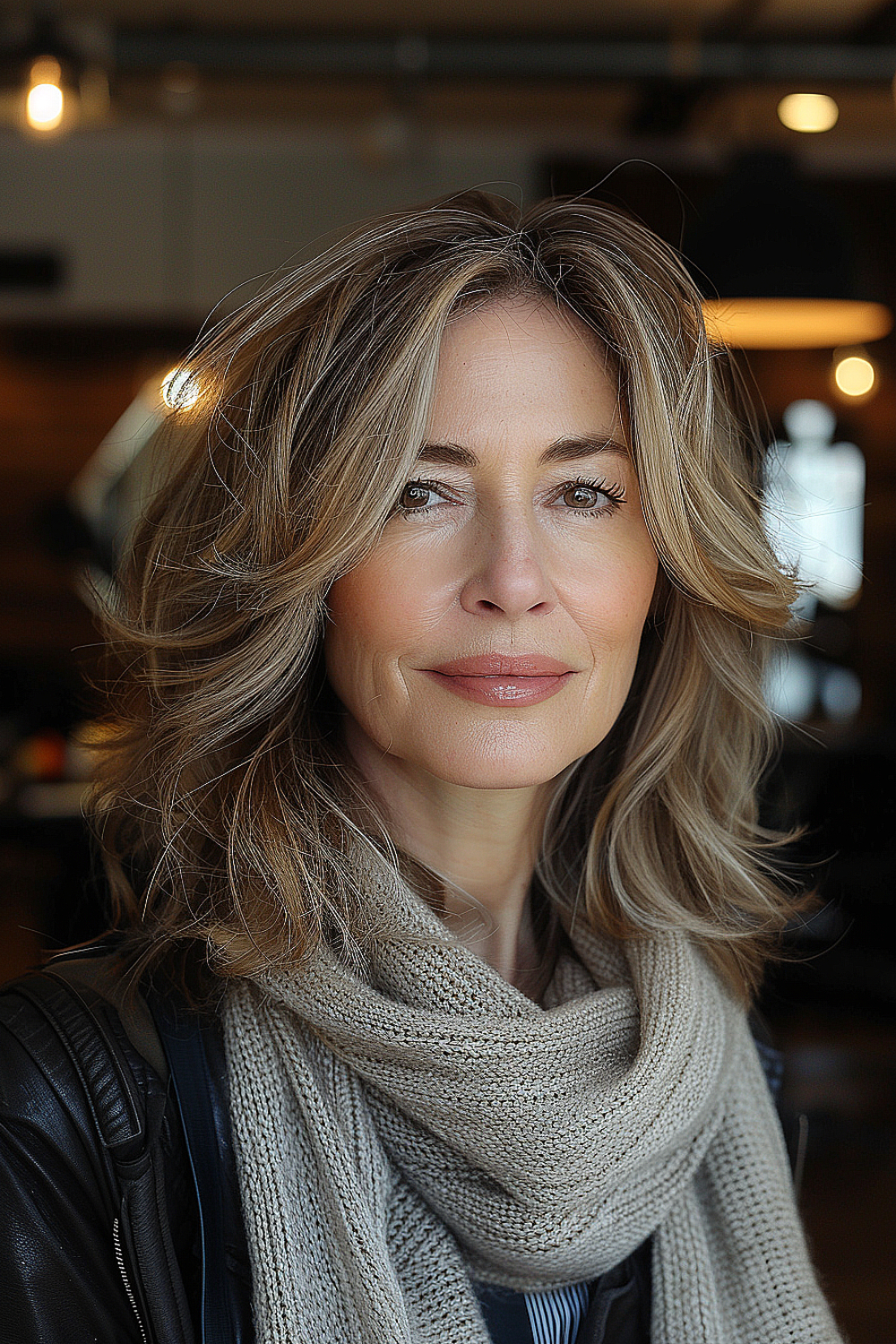 Woman with a soft layered medium bob with beige and caramel highlights