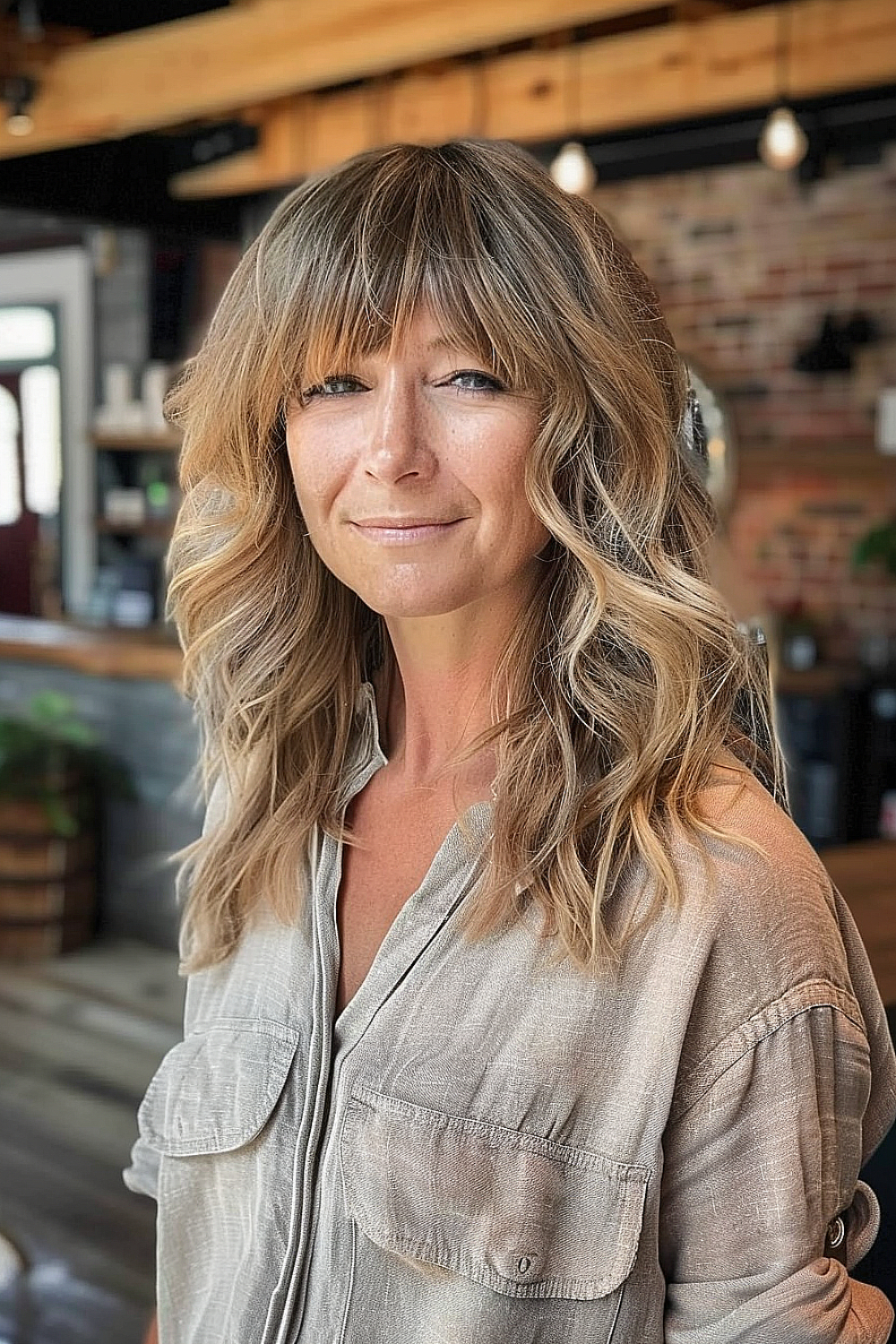 Woman over 60 with a beachy blonde medium shag hairstyle and curtain bangs