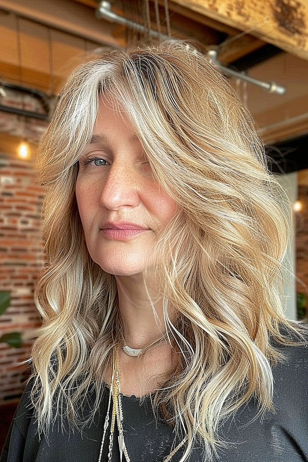 Soft, layered shag haircut with gentle waves and blonde highlights for women over 60