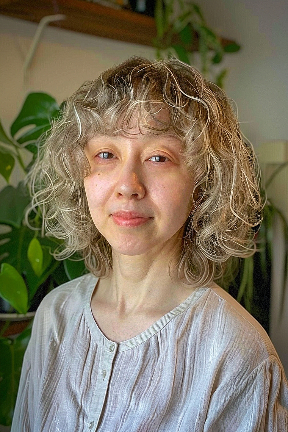 A woman with a soft perm and wispy bangs