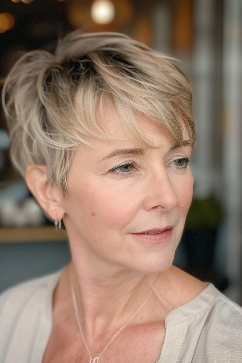 Soft pixie cut with side-swept bangs