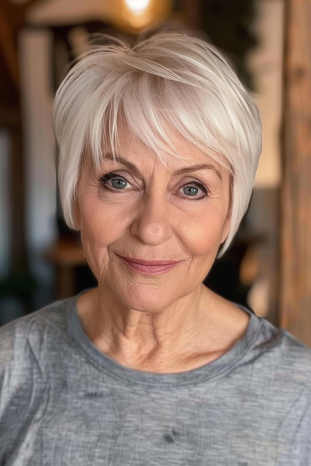 Woman with a soft pixie cut and wispy bangs