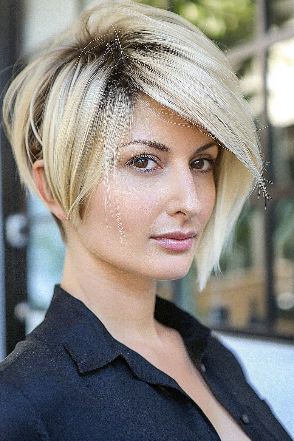 Woman with a soft pixie cut featuring layered sides and blonde highlights.