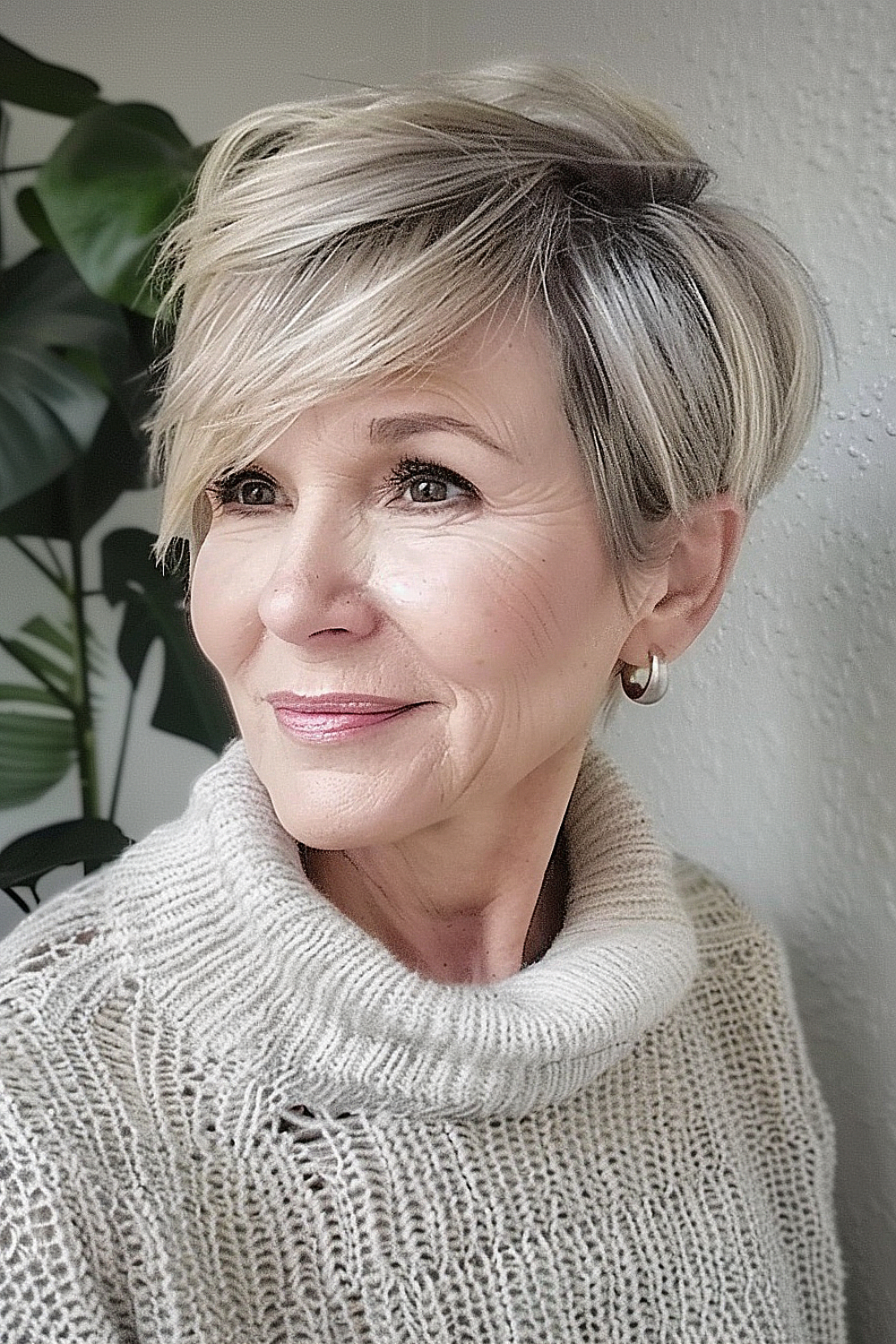 Soft pixie cut with side swept bangs and silver hair on a woman over 50