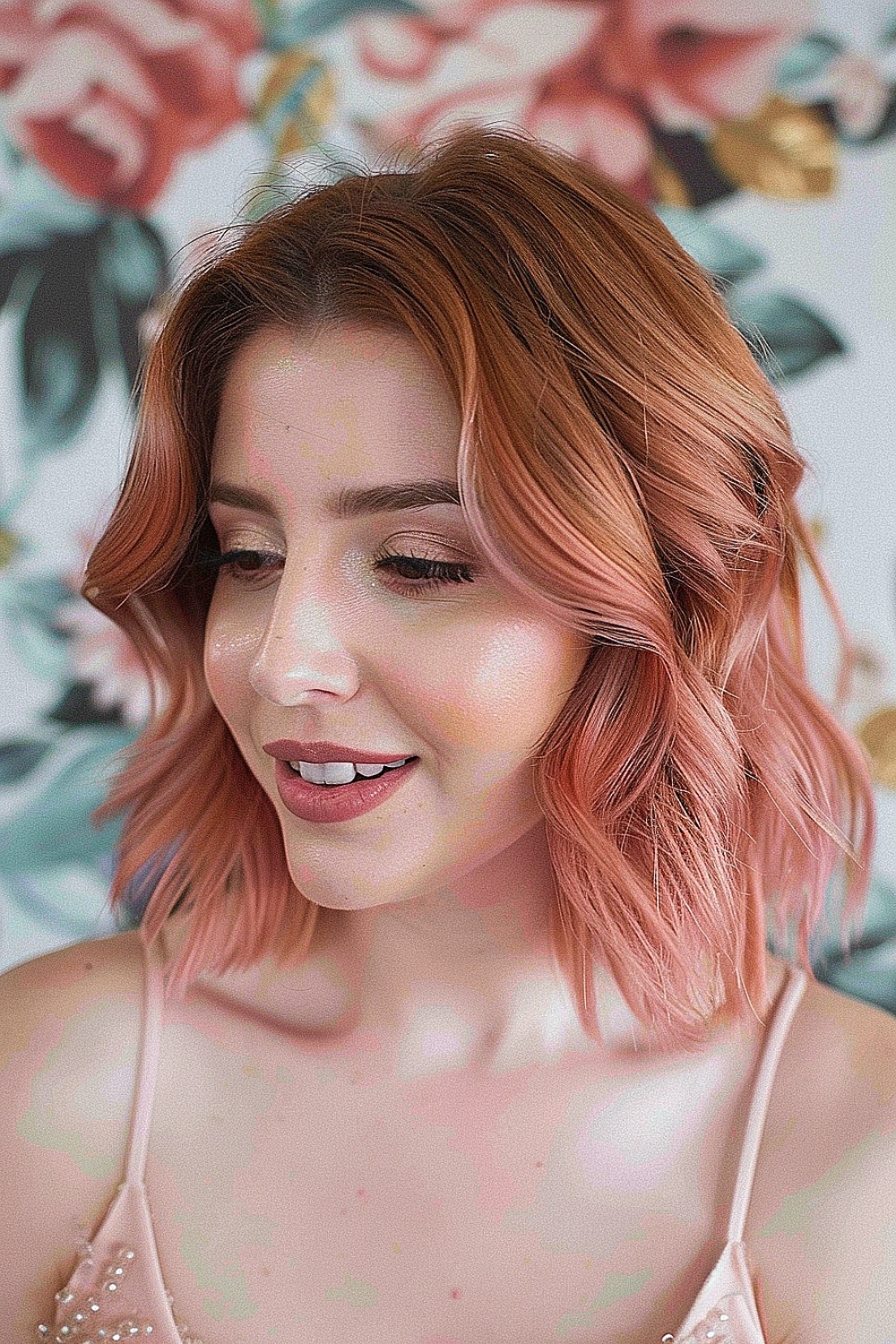 Soft rose gold wavy lob with gentle waves