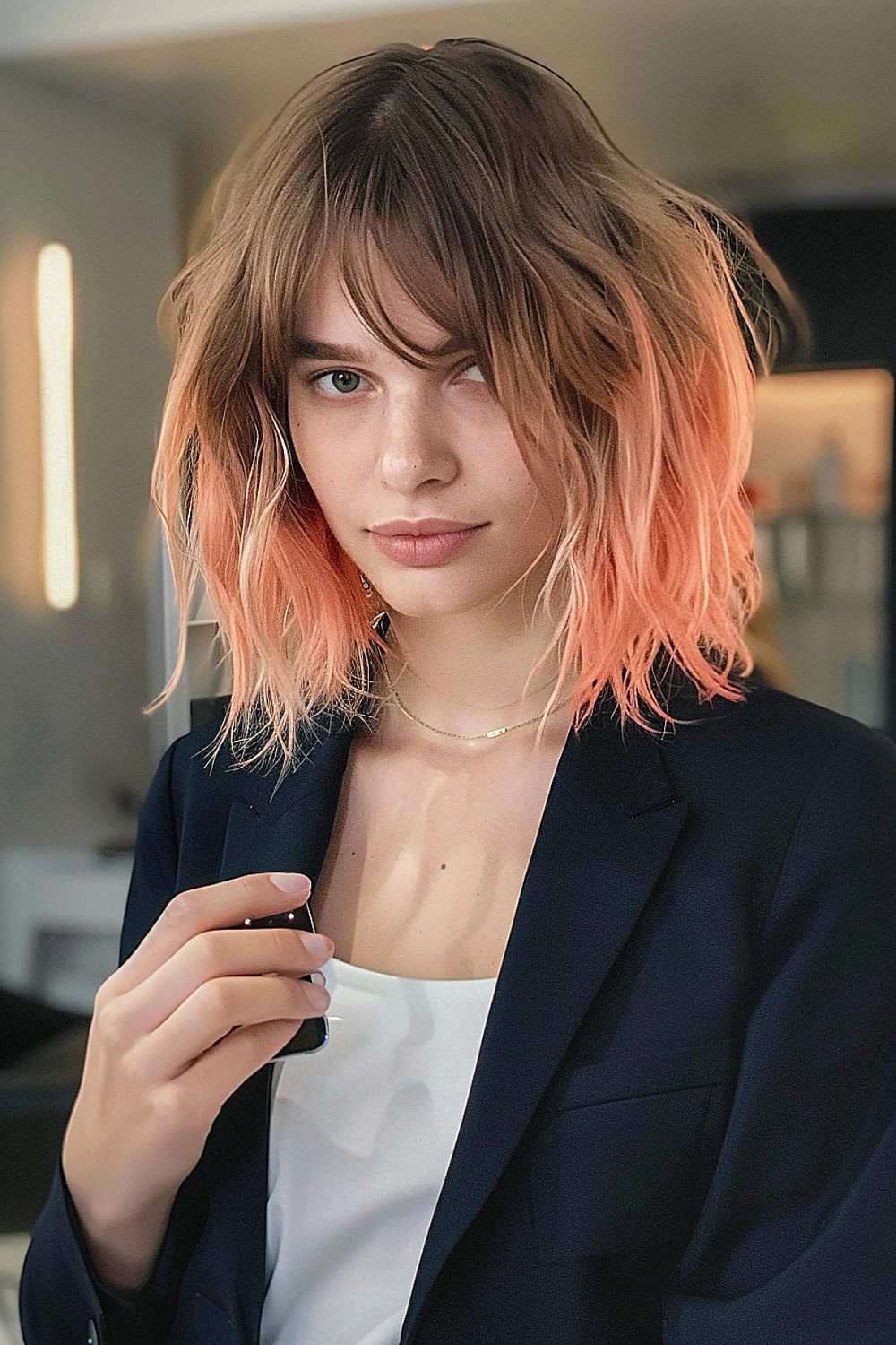 Woman with a soft shag haircut and delicate layering