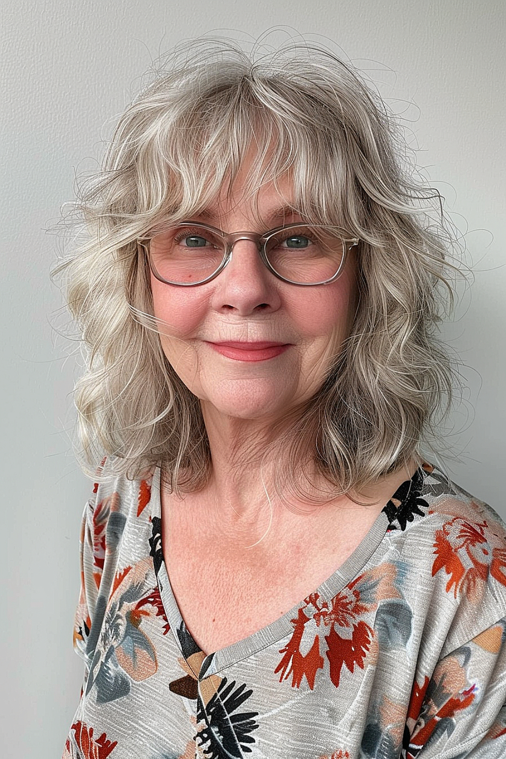 A woman with a soft shag hairstyle and feathered fringe for a retro-inspired look