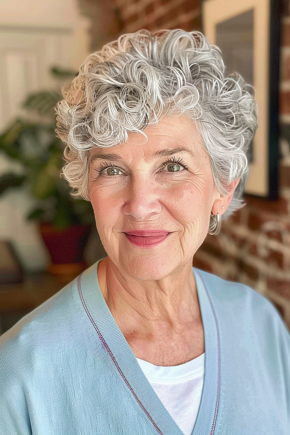 Elderly woman with a soft silver pixie haircut adorned with delicate curls