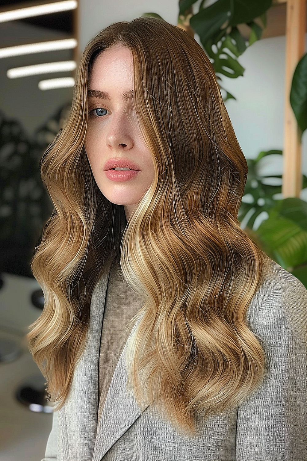 Soft waves in thick hair with subtle layers and blonde highlights