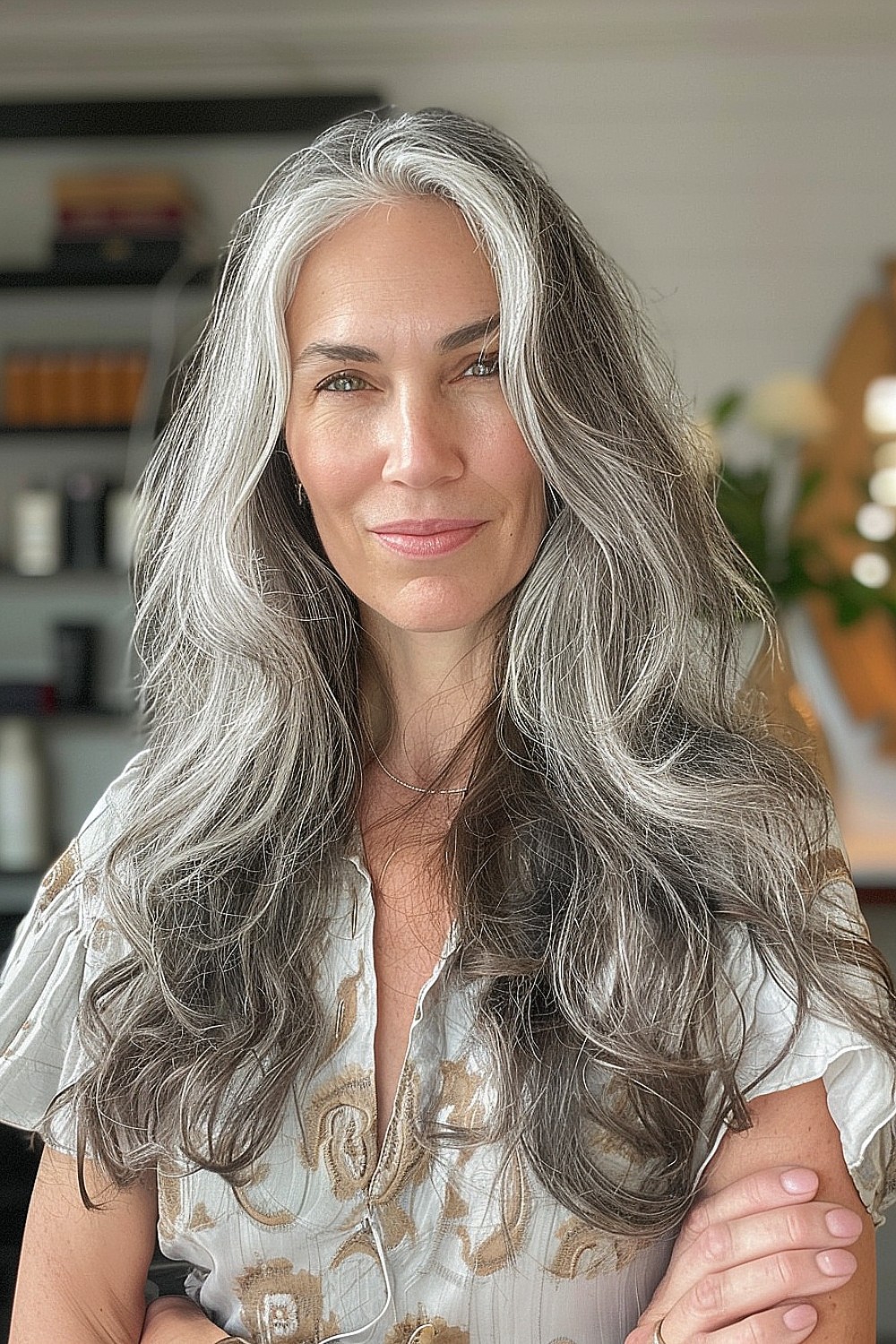 Long, soft waves enhancing natural gray hair