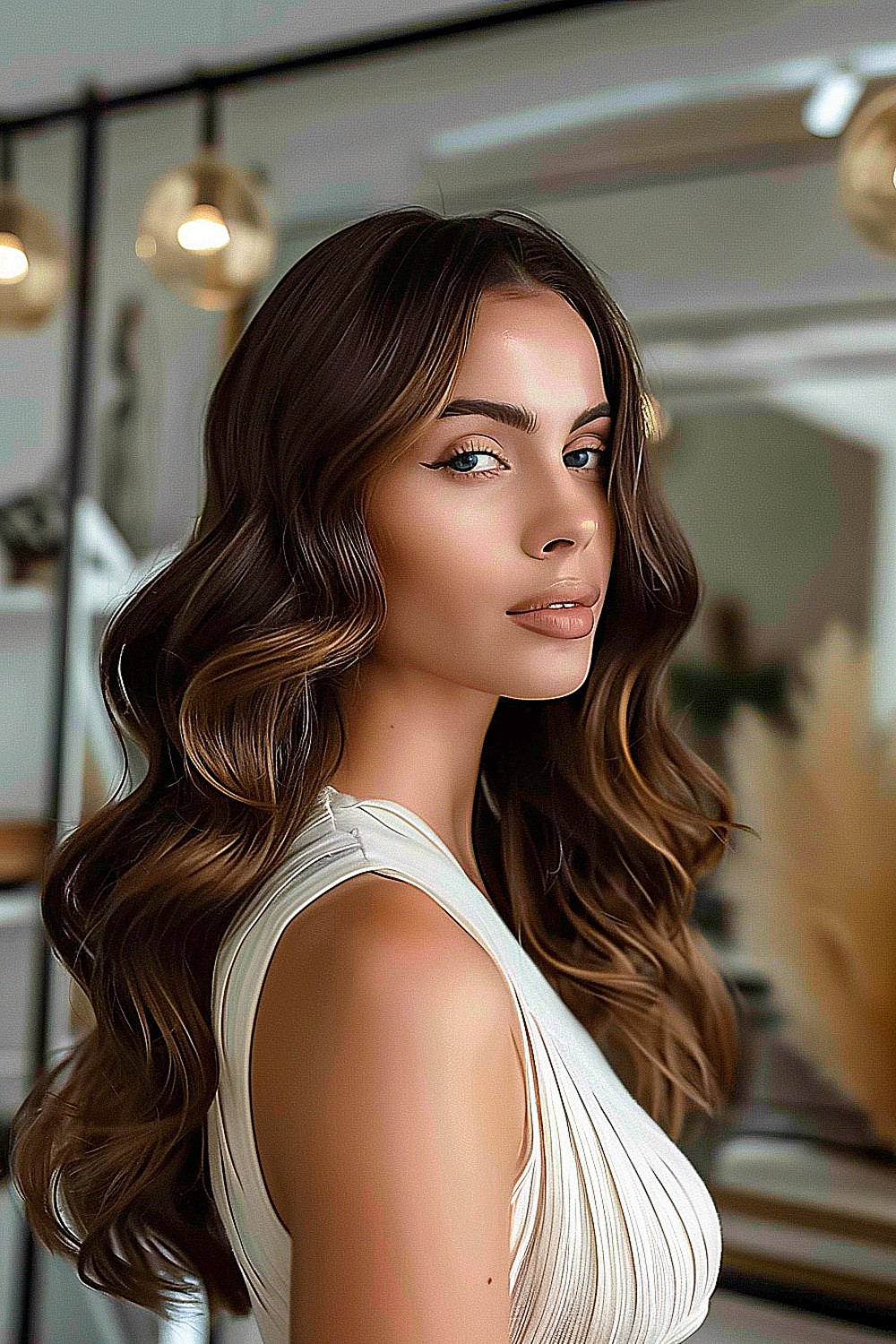 Long, soft waves with a sleek, glossy finish