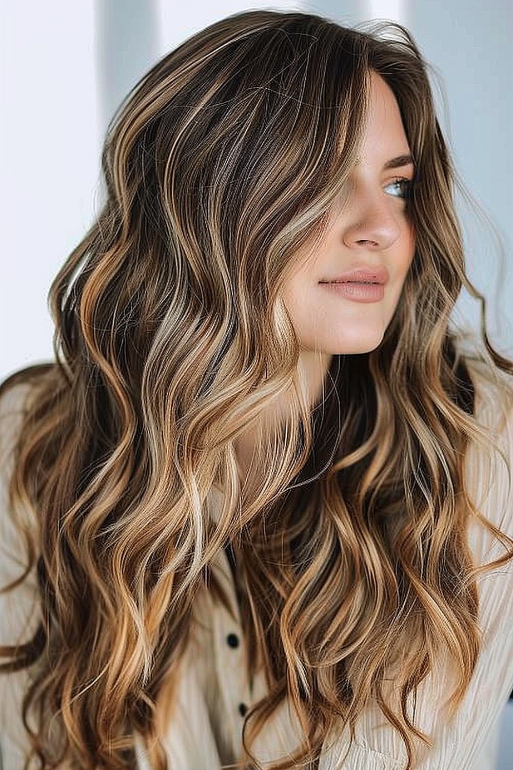 Long, soft waves with honey blonde highlights