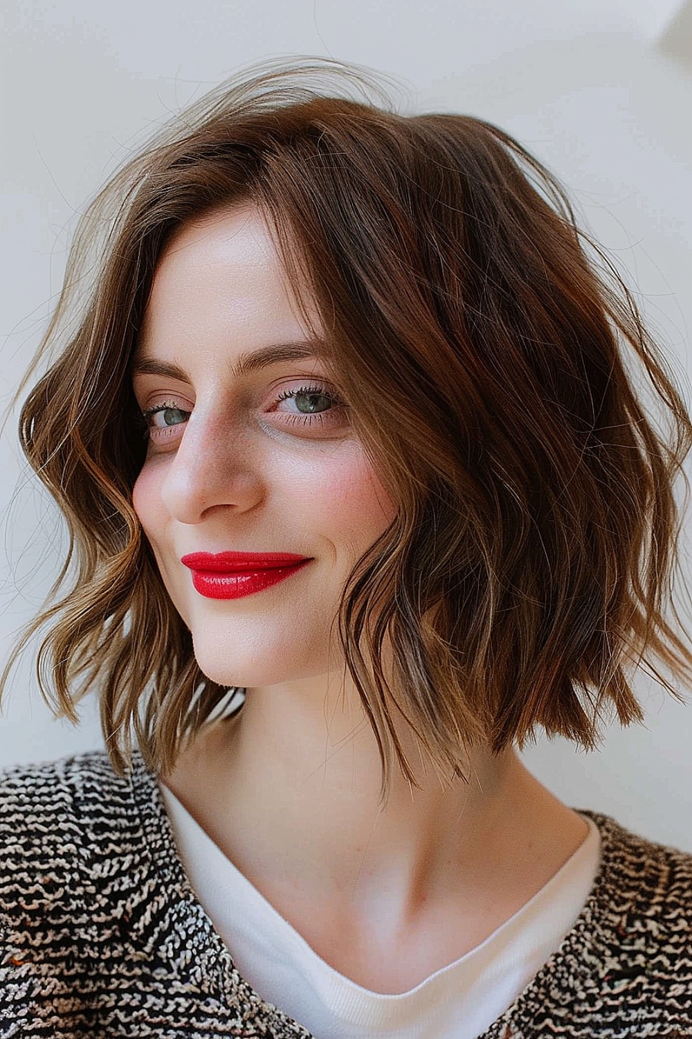 Woman with a soft wavy bob hairstyle suitable for fine hair