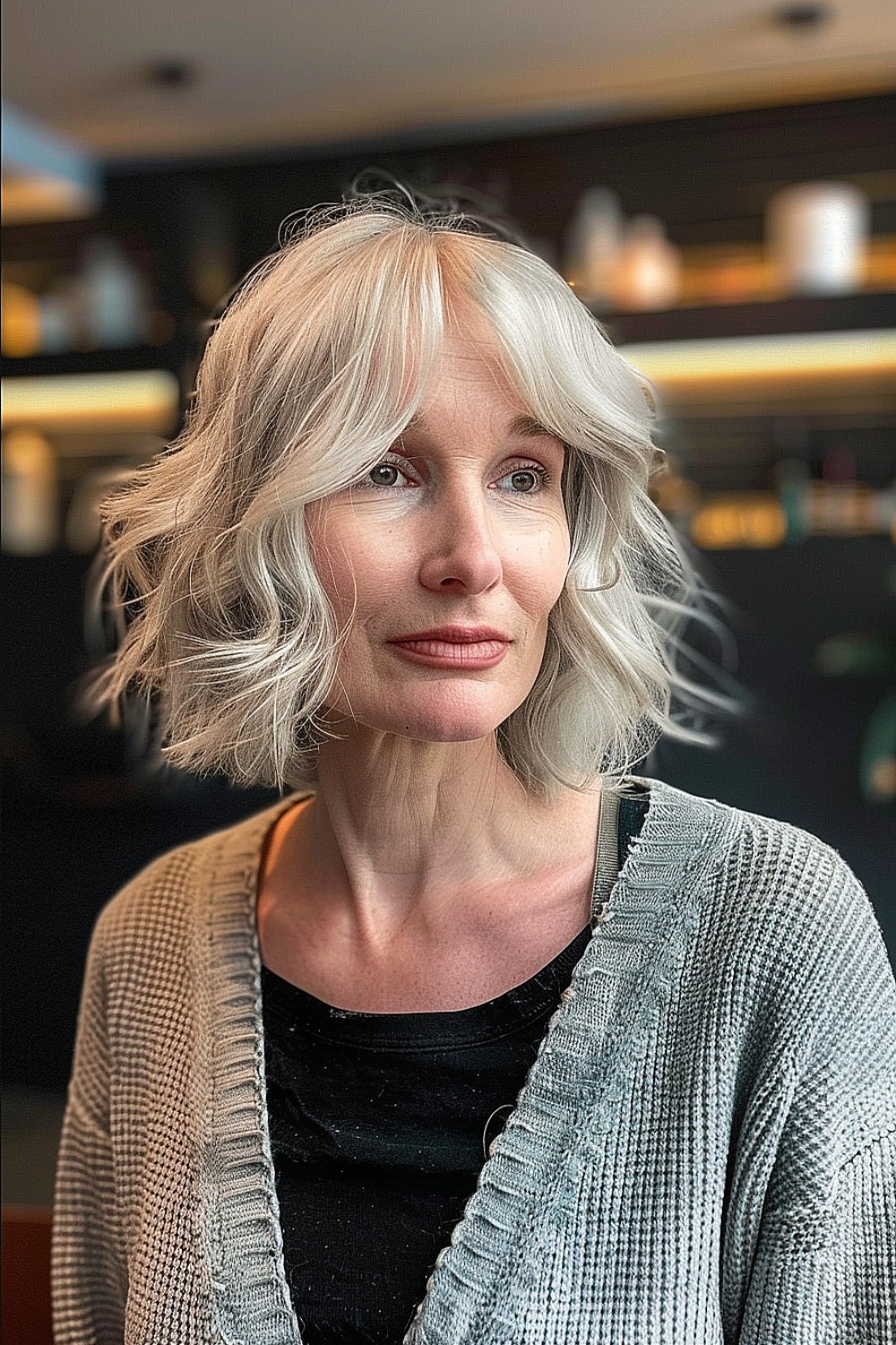 Woman with a soft wavy bob hairstyle suitable for women over 60