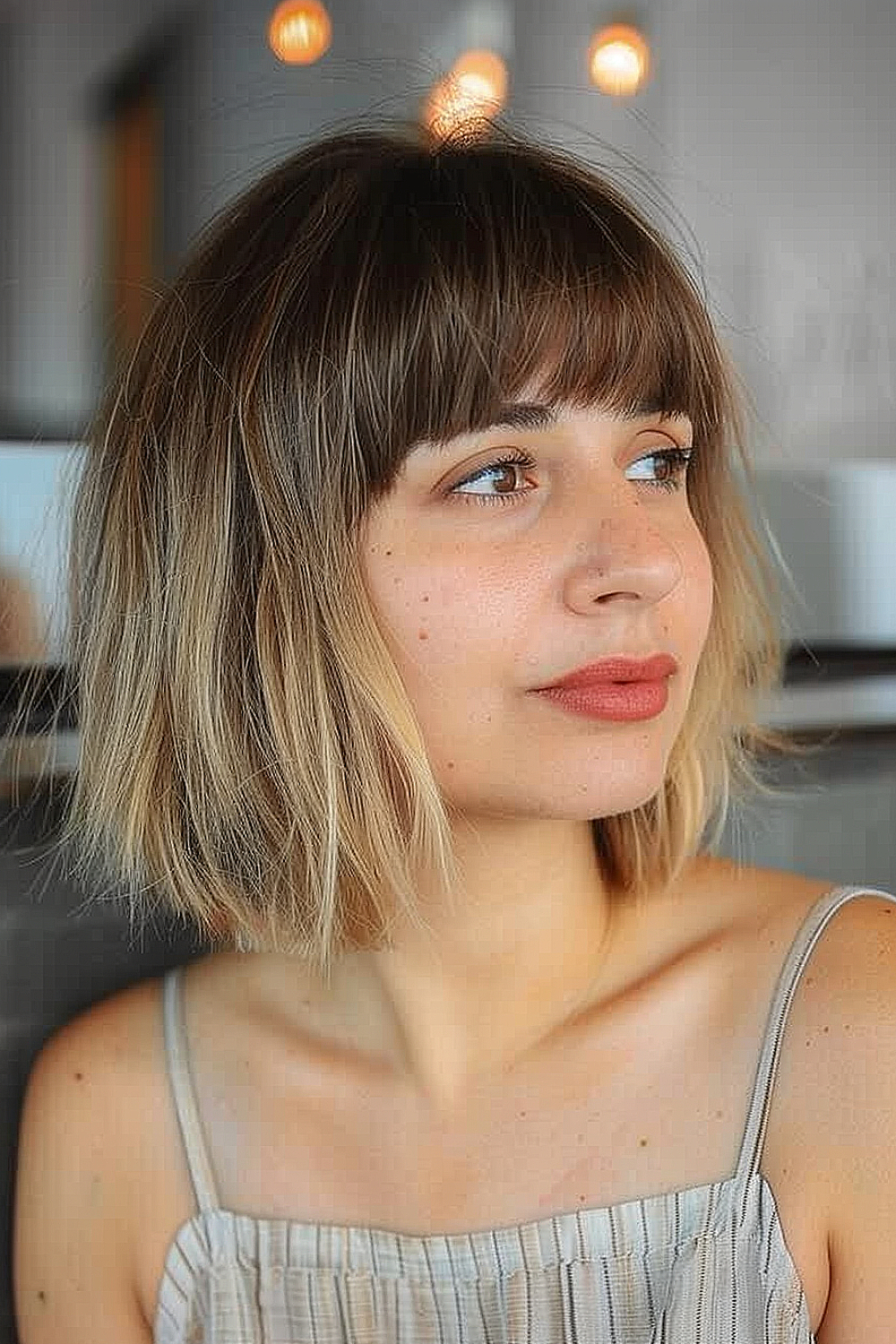 Softly curved bangs on a textured bob