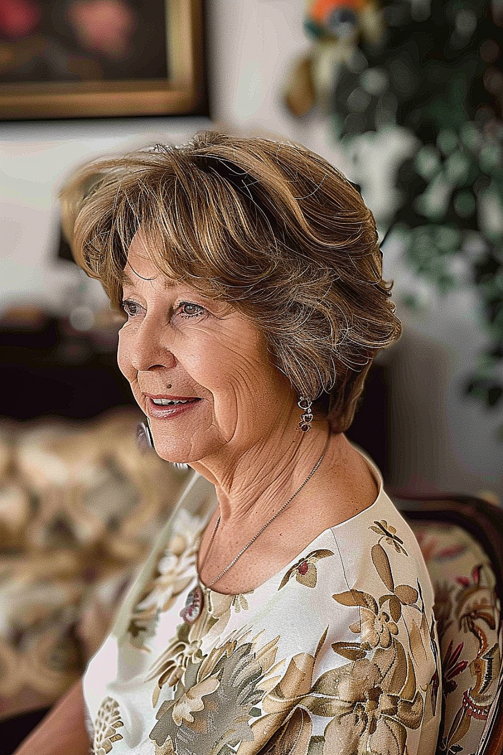 A woman with a softly layered bixie haircut in warm chestnut tones