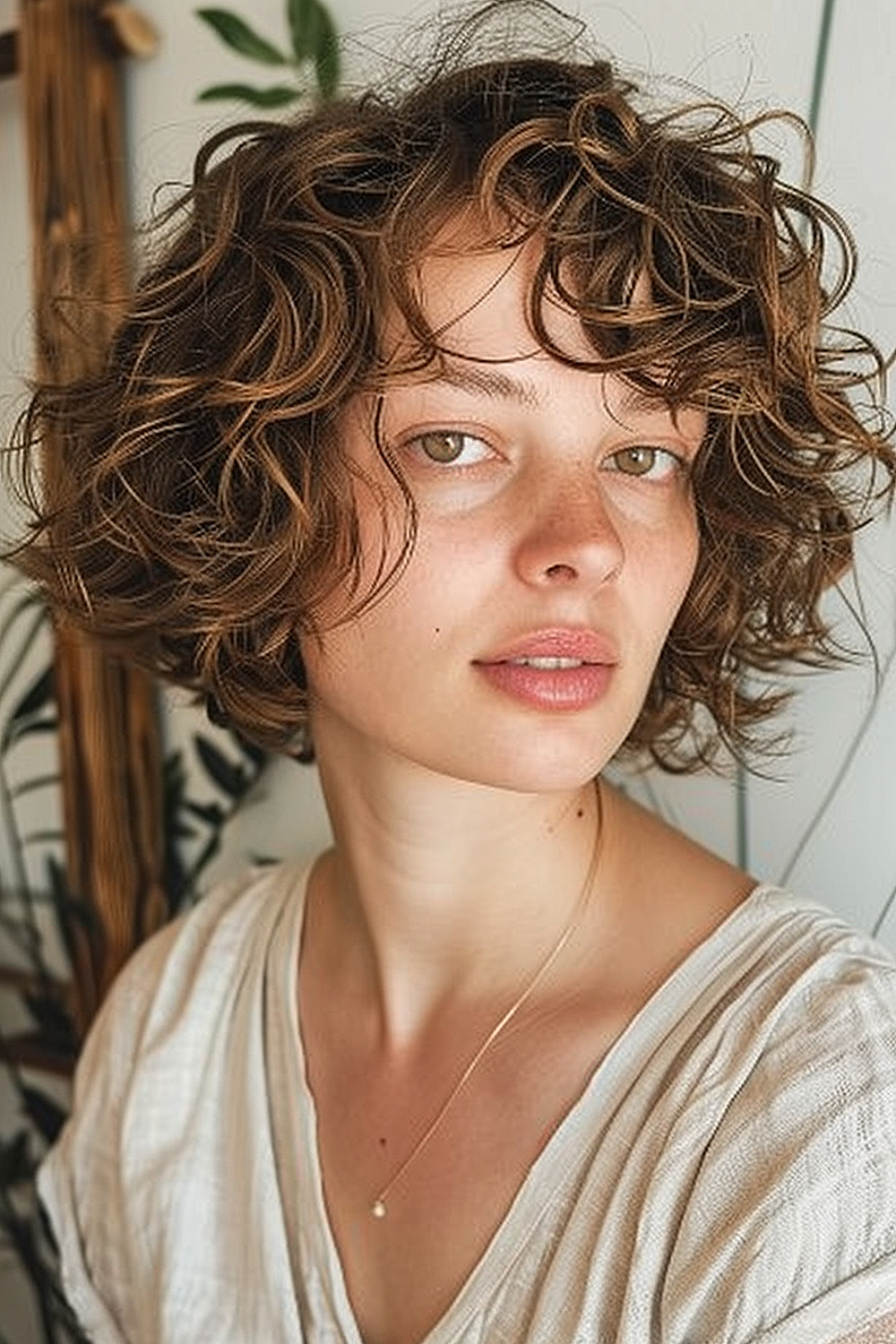 Woman with softly layered curly bob and side bangs