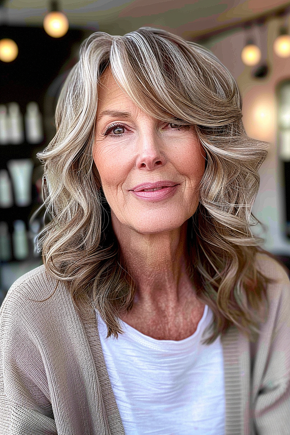 Softly layered waves with side bangs on medium-length hair