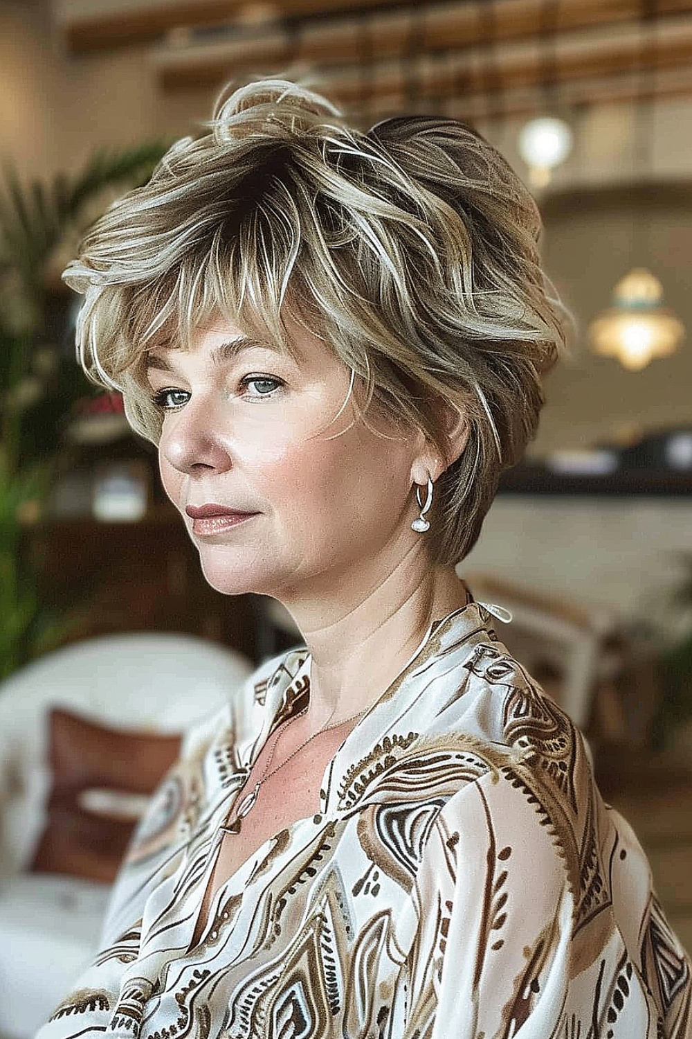 Softly textured pixie cut with natural waves on a woman over 50