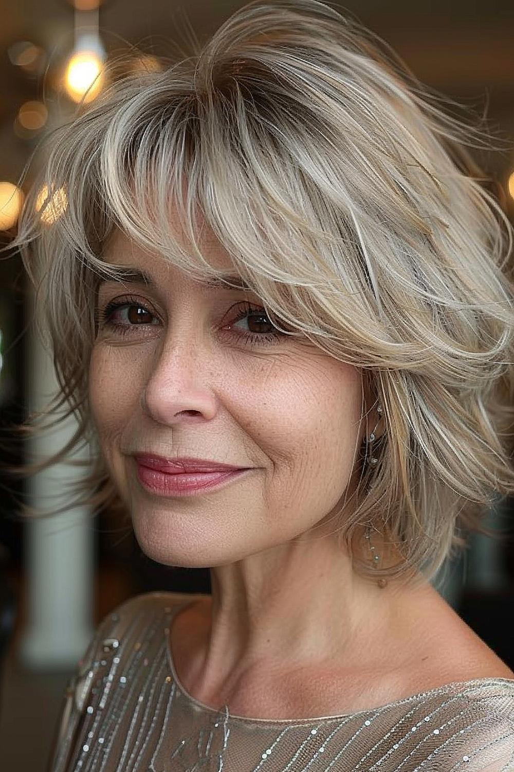 Sophisticated bob with feathered bangs for women over 50