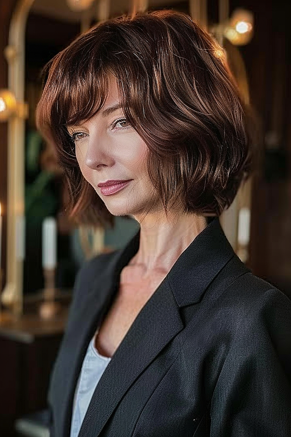 A woman with a sophisticated bob in glossy chestnut shades, styled with full bangs