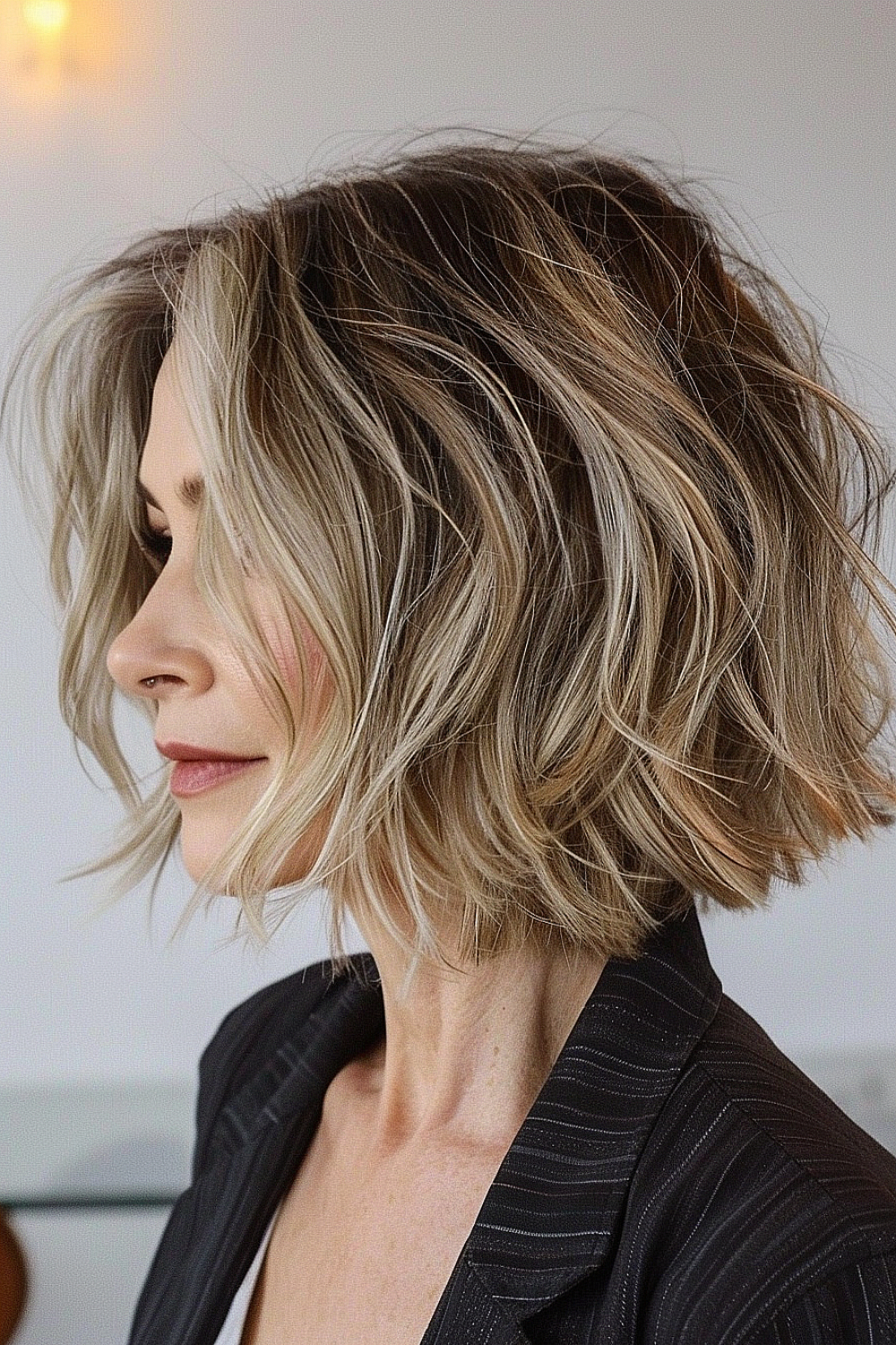 Woman with a choppy bob and sun-kissed highlights