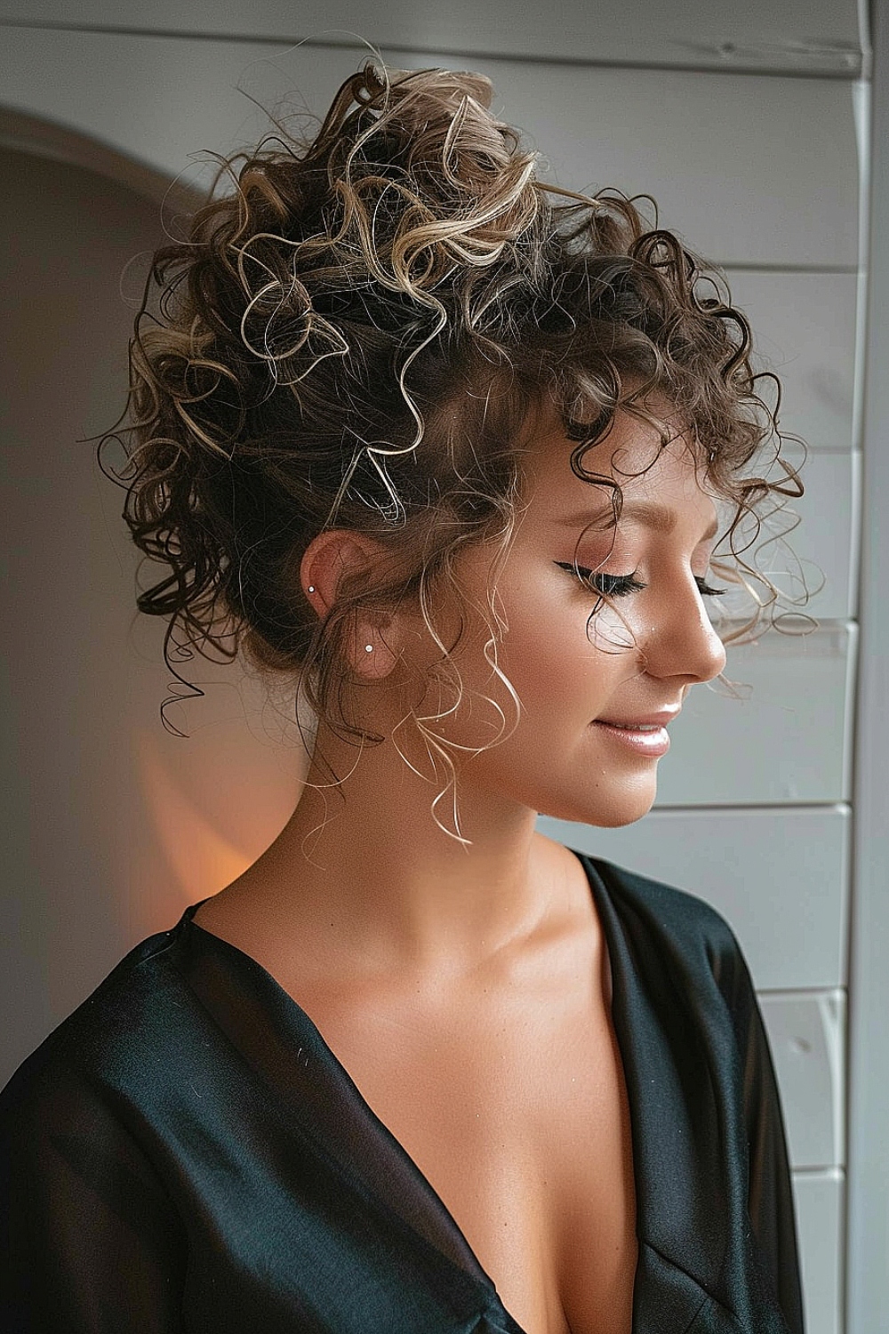 Curly updo with long, face-framing tendrils for a sophisticated look