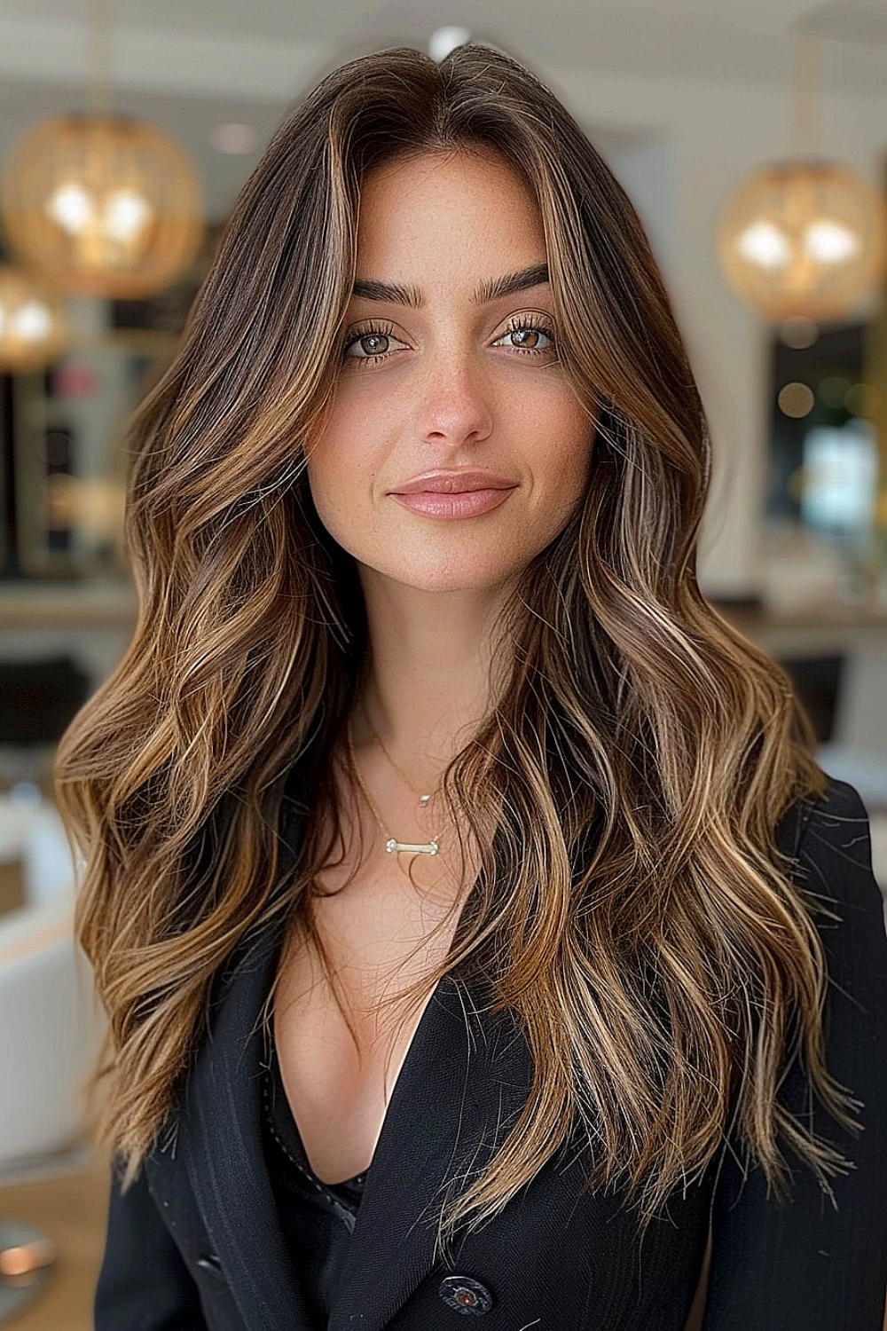 A woman with sophisticated layered hair and a soft balayage