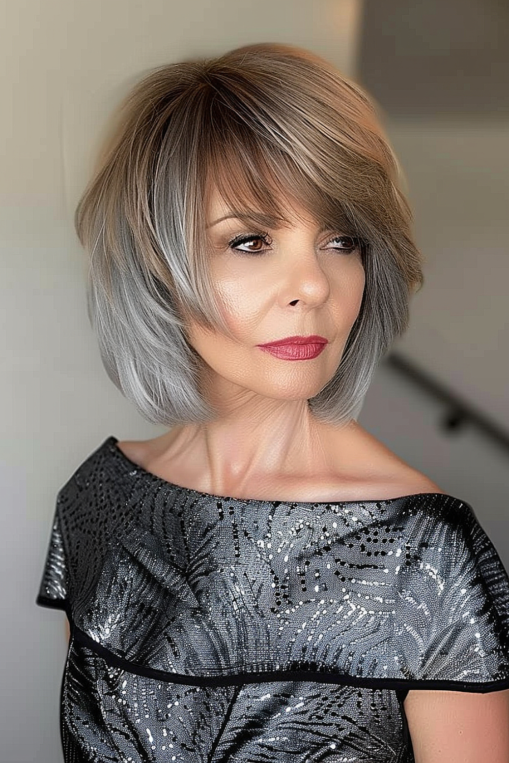 Woman with an elegant lob and tapered bangs, highlighted with natural dark and silver tones