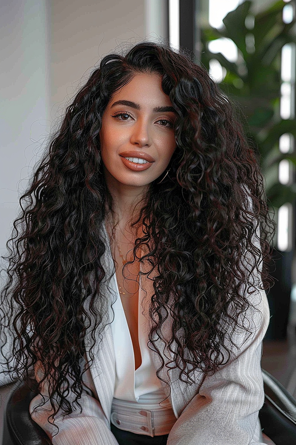 Sophisticated long curls with a glossy black finish for professional women