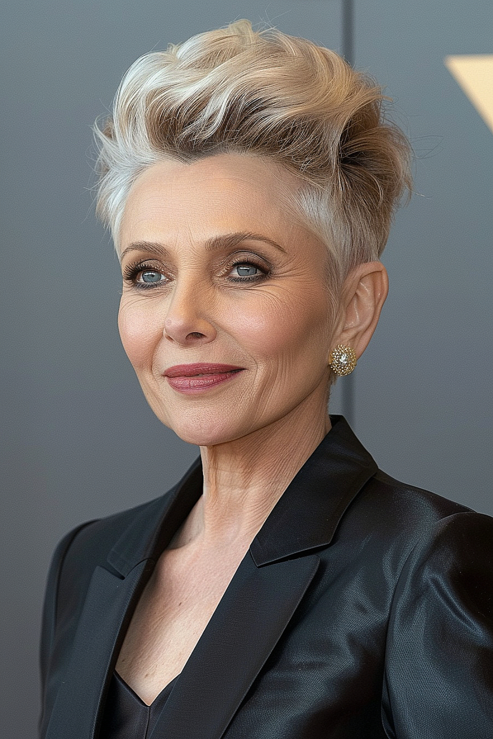 Swept-up elegant pixie cut with natural gray hair.