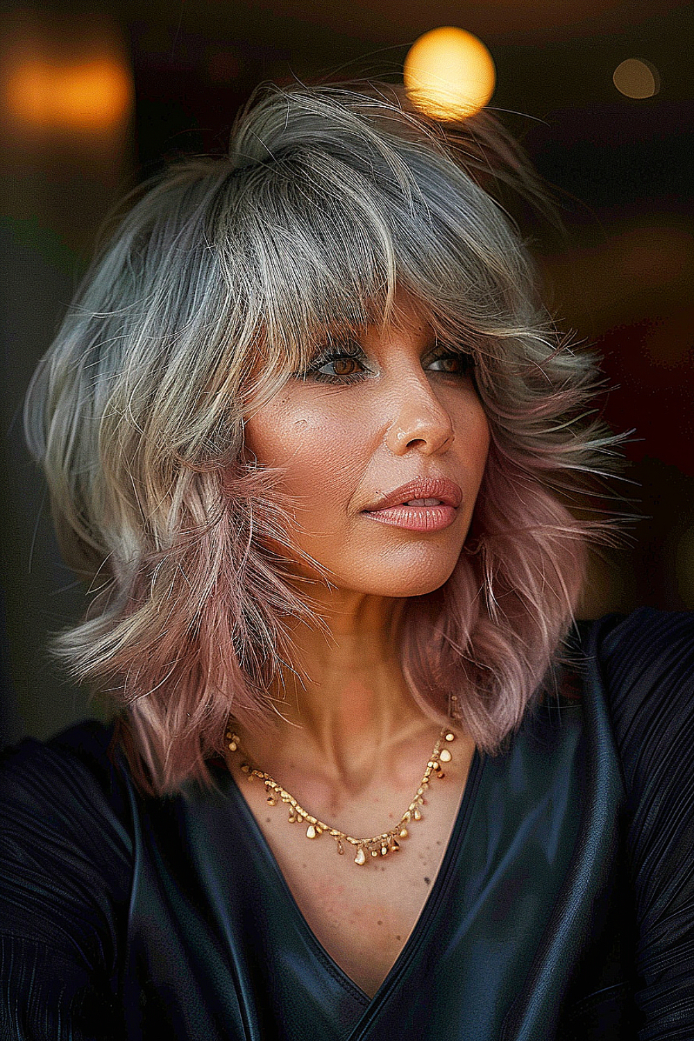 Woman with a sophisticated shag haircut featuring pastel pink tips and dynamic side flicks