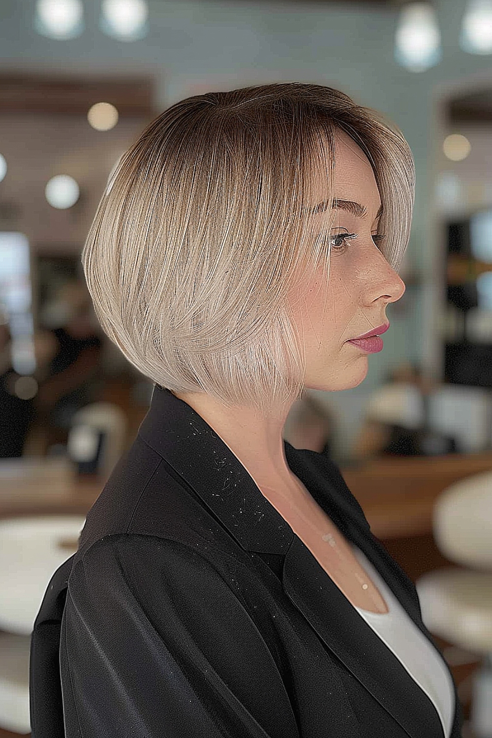 Close-up of a stacked bob haircut for fine hair with soft layers