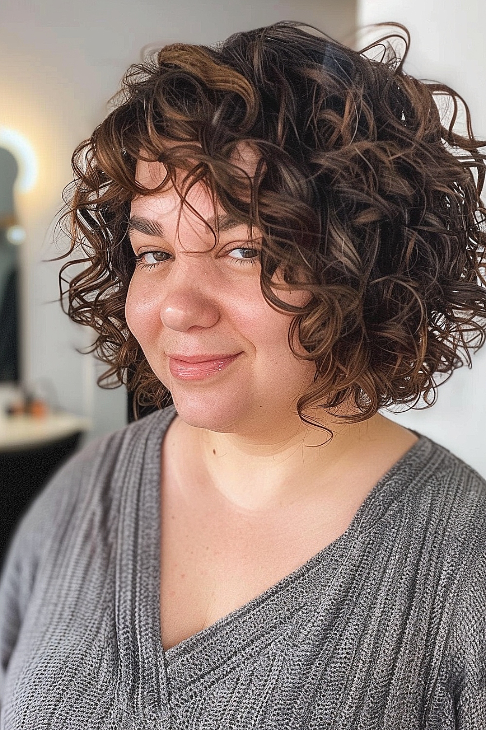 Woman with a stacked curly bob hairstyle for a round face