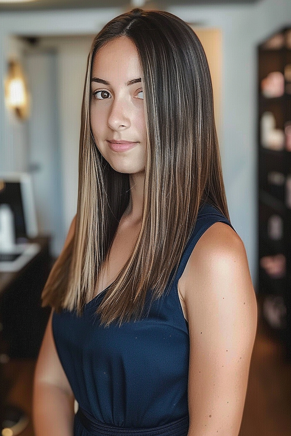 Straight and sleek brunette hair with subtle highlights