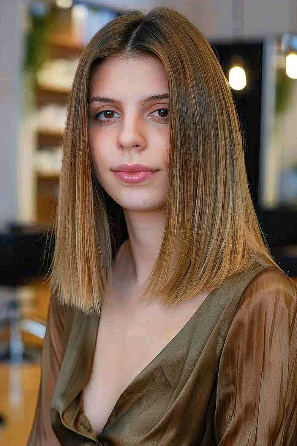 Woman with a straight blunt cut featuring subtle highlights