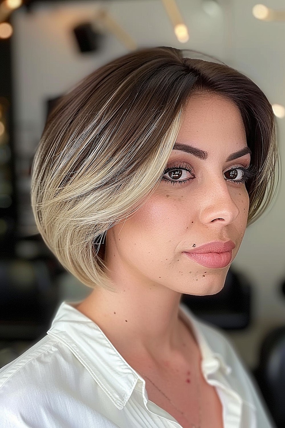 Woman with a straight bob haircut featuring feathered ends