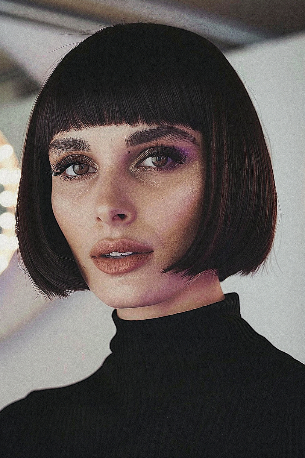 Woman with a sleek straight bob and micro bangs in a rich brunette shade