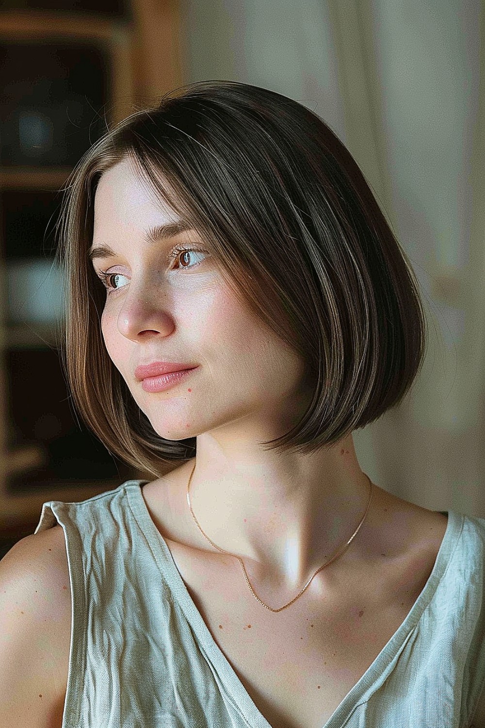 Woman with a straight bob haircut featuring soft layers